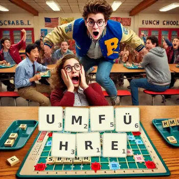 Kreative Illustration für ein Scrabble-Spiel, bei dem das Wort UMFÜHRE mit Steinen auf dem Brett gelegt wurde.