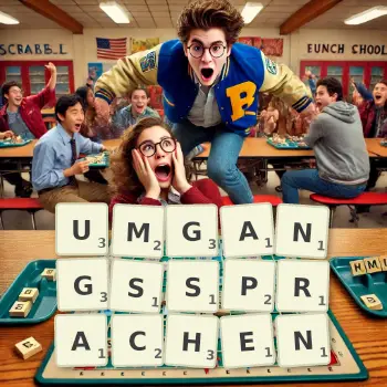 Kreative Illustration für ein Scrabble-Spiel, bei dem das Wort UMGANGSSPRACHEN mit Steinen auf dem Brett gelegt wurde.