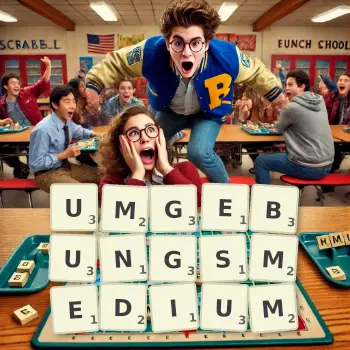 Kreative Illustration für ein Scrabble-Spiel, bei dem das Wort UMGEBUNGSMEDIUM mit Steinen auf dem Brett gelegt wurde.