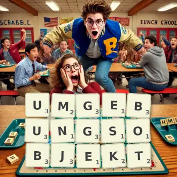 Kreative Illustration für ein Scrabble-Spiel, bei dem das Wort UMGEBUNGSOBJEKT mit Steinen auf dem Brett gelegt wurde.