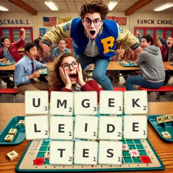 Kreative Illustration für ein Scrabble-Spiel, bei dem das Wort UMGEKLEIDETES mit Steinen auf dem Brett gelegt wurde.