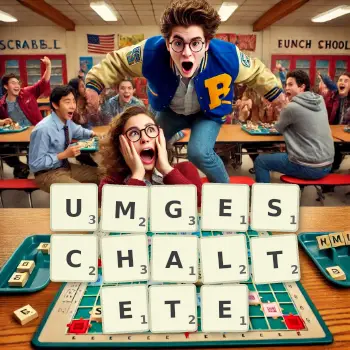 Kreative Illustration für ein Scrabble-Spiel, bei dem das Wort UMGESCHALTETE mit Steinen auf dem Brett gelegt wurde.