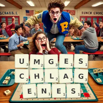 Kreative Illustration für ein Scrabble-Spiel, bei dem das Wort UMGESCHLAGENES mit Steinen auf dem Brett gelegt wurde.