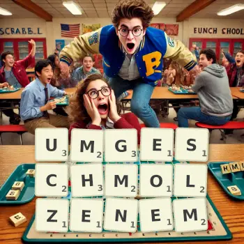 Kreative Illustration für ein Scrabble-Spiel, bei dem das Wort UMGESCHMOLZENEM mit Steinen auf dem Brett gelegt wurde.