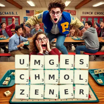 Kreative Illustration für ein Scrabble-Spiel, bei dem das Wort UMGESCHMOLZENER mit Steinen auf dem Brett gelegt wurde.