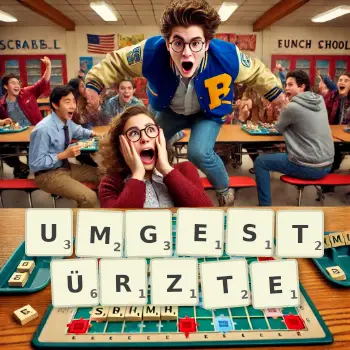 Kreative Illustration für ein Scrabble-Spiel, bei dem das Wort UMGESTÜRZTE mit Steinen auf dem Brett gelegt wurde.