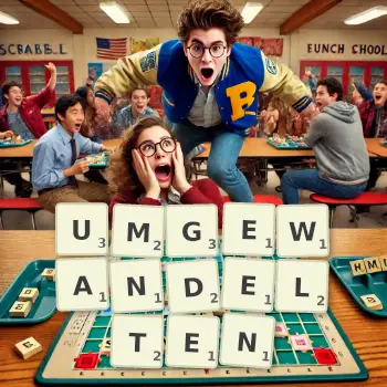 Kreative Illustration für ein Scrabble-Spiel, bei dem das Wort UMGEWANDELTEN mit Steinen auf dem Brett gelegt wurde.