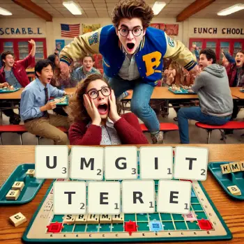 Kreative Illustration für ein Scrabble-Spiel, bei dem das Wort UMGITTERE mit Steinen auf dem Brett gelegt wurde.