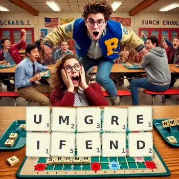 Kreative Illustration für ein Scrabble-Spiel, bei dem das Wort UMGREIFEND mit Steinen auf dem Brett gelegt wurde.