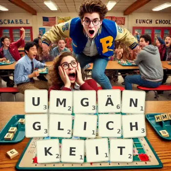 Kreative Illustration für ein Scrabble-Spiel, bei dem das Wort UMGÄNGLICHKEIT mit Steinen auf dem Brett gelegt wurde.