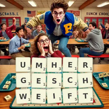 Kreative Illustration für ein Scrabble-Spiel, bei dem das Wort UMHERGESCHWEIFT mit Steinen auf dem Brett gelegt wurde.