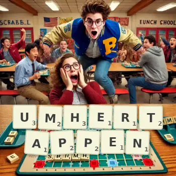 Kreative Illustration für ein Scrabble-Spiel, bei dem das Wort UMHERTAPPEN mit Steinen auf dem Brett gelegt wurde.