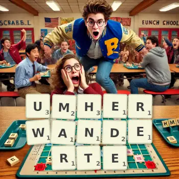 Kreative Illustration für ein Scrabble-Spiel, bei dem das Wort UMHERWANDERTE mit Steinen auf dem Brett gelegt wurde.