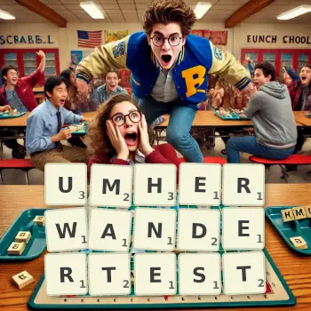 Kreative Illustration für ein Scrabble-Spiel, bei dem das Wort UMHERWANDERTEST mit Steinen auf dem Brett gelegt wurde.