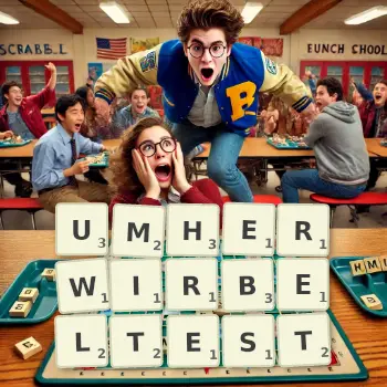 Kreative Illustration für ein Scrabble-Spiel, bei dem das Wort UMHERWIRBELTEST mit Steinen auf dem Brett gelegt wurde.