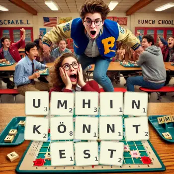 Kreative Illustration für ein Scrabble-Spiel, bei dem das Wort UMHINKÖNNTEST mit Steinen auf dem Brett gelegt wurde.