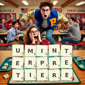 Kreative Illustration für ein Scrabble-Spiel, bei dem das Wort UMINTERPRETIERE mit Steinen auf dem Brett gelegt wurde.