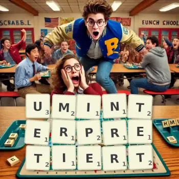 Kreative Illustration für ein Scrabble-Spiel, bei dem das Wort UMINTERPRETIERT mit Steinen auf dem Brett gelegt wurde.