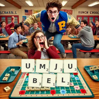 Kreative Illustration für ein Scrabble-Spiel, bei dem das Wort UMJUBEL mit Steinen auf dem Brett gelegt wurde.