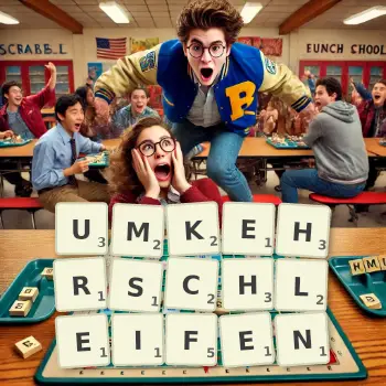 Kreative Illustration für ein Scrabble-Spiel, bei dem das Wort UMKEHRSCHLEIFEN mit Steinen auf dem Brett gelegt wurde.