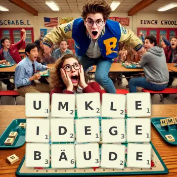 Kreative Illustration für ein Scrabble-Spiel, bei dem das Wort UMKLEIDEGEBÄUDE mit Steinen auf dem Brett gelegt wurde.