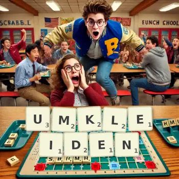 Kreative Illustration für ein Scrabble-Spiel, bei dem das Wort UMKLEIDEN mit Steinen auf dem Brett gelegt wurde.