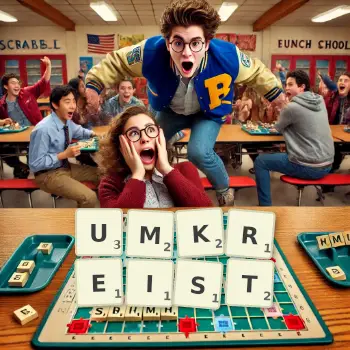 Kreative Illustration für ein Scrabble-Spiel, bei dem das Wort UMKREIST mit Steinen auf dem Brett gelegt wurde.