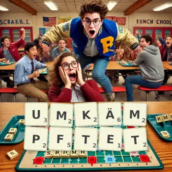 Kreative Illustration für ein Scrabble-Spiel, bei dem das Wort UMKÄMPFTET mit Steinen auf dem Brett gelegt wurde.