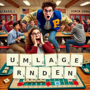 Kreative Illustration für ein Scrabble-Spiel, bei dem das Wort UMLAGERNDEN mit Steinen auf dem Brett gelegt wurde.