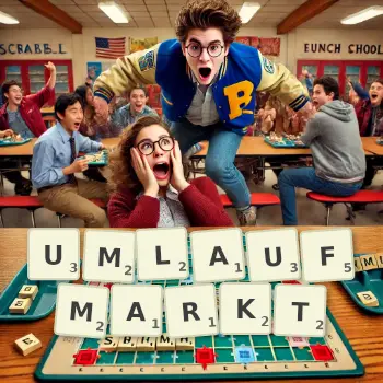 Kreative Illustration für ein Scrabble-Spiel, bei dem das Wort UMLAUFMARKT mit Steinen auf dem Brett gelegt wurde.