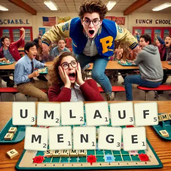 Kreative Illustration für ein Scrabble-Spiel, bei dem das Wort UMLAUFMENGE mit Steinen auf dem Brett gelegt wurde.