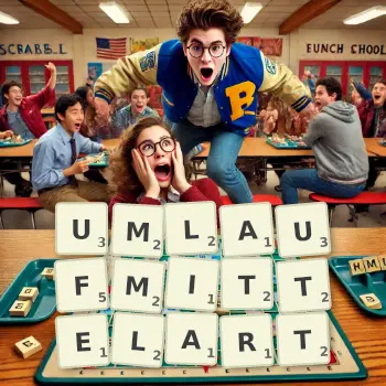 Kreative Illustration für ein Scrabble-Spiel, bei dem das Wort UMLAUFMITTELART mit Steinen auf dem Brett gelegt wurde.