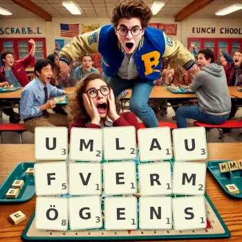 Kreative Illustration für ein Scrabble-Spiel, bei dem das Wort UMLAUFVERMÖGENS mit Steinen auf dem Brett gelegt wurde.