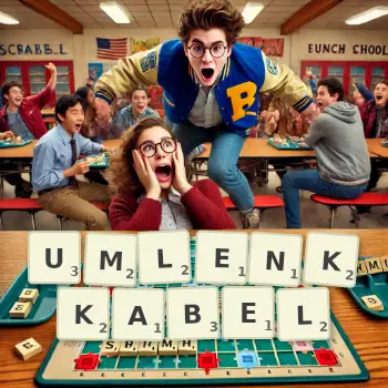 Kreative Illustration für ein Scrabble-Spiel, bei dem das Wort UMLENKKABEL mit Steinen auf dem Brett gelegt wurde.