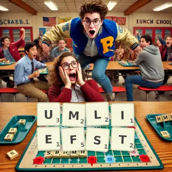 Kreative Illustration für ein Scrabble-Spiel, bei dem das Wort UMLIEFST mit Steinen auf dem Brett gelegt wurde.