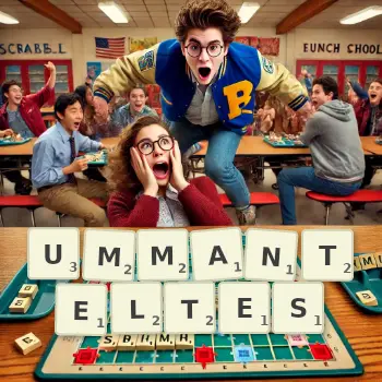 Kreative Illustration für ein Scrabble-Spiel, bei dem das Wort UMMANTELTES mit Steinen auf dem Brett gelegt wurde.