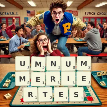 Kreative Illustration für ein Scrabble-Spiel, bei dem das Wort UMNUMMERIERTES mit Steinen auf dem Brett gelegt wurde.