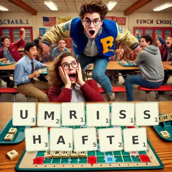 Kreative Illustration für ein Scrabble-Spiel, bei dem das Wort UMRISSHAFTE mit Steinen auf dem Brett gelegt wurde.