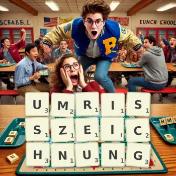 Kreative Illustration für ein Scrabble-Spiel, bei dem das Wort UMRISSZEICHNUNG mit Steinen auf dem Brett gelegt wurde.