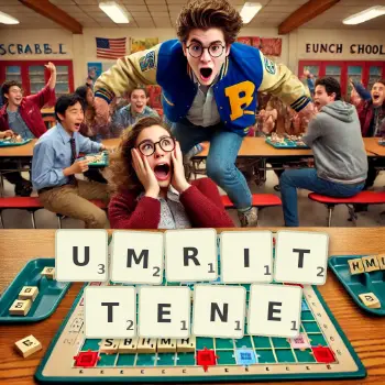 Kreative Illustration für ein Scrabble-Spiel, bei dem das Wort UMRITTENE mit Steinen auf dem Brett gelegt wurde.