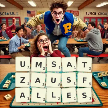 Kreative Illustration für ein Scrabble-Spiel, bei dem das Wort UMSATZAUSFALLES mit Steinen auf dem Brett gelegt wurde.
