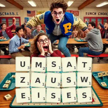 Kreative Illustration für ein Scrabble-Spiel, bei dem das Wort UMSATZAUSWEISES mit Steinen auf dem Brett gelegt wurde.