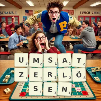 Kreative Illustration für ein Scrabble-Spiel, bei dem das Wort UMSATZERLÖSEN mit Steinen auf dem Brett gelegt wurde.