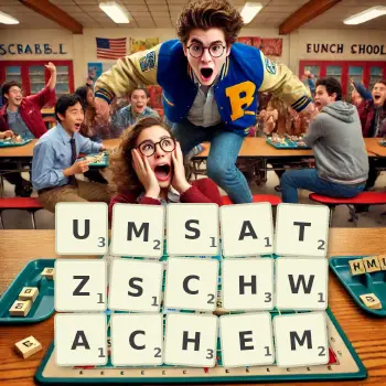 Kreative Illustration für ein Scrabble-Spiel, bei dem das Wort UMSATZSCHWACHEM mit Steinen auf dem Brett gelegt wurde.