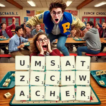 Kreative Illustration für ein Scrabble-Spiel, bei dem das Wort UMSATZSCHWACHER mit Steinen auf dem Brett gelegt wurde.