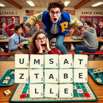 Kreative Illustration für ein Scrabble-Spiel, bei dem das Wort UMSATZTABELLE mit Steinen auf dem Brett gelegt wurde.