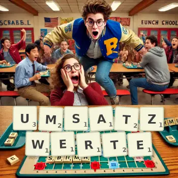 Kreative Illustration für ein Scrabble-Spiel, bei dem das Wort UMSATZWERTE mit Steinen auf dem Brett gelegt wurde.
