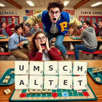 Kreative Illustration für ein Scrabble-Spiel, bei dem das Wort UMSCHALTET mit Steinen auf dem Brett gelegt wurde.