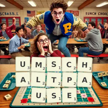 Kreative Illustration für ein Scrabble-Spiel, bei dem das Wort UMSCHALTPAUSE mit Steinen auf dem Brett gelegt wurde.