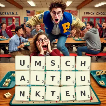 Kreative Illustration für ein Scrabble-Spiel, bei dem das Wort UMSCHALTPUNKTEN mit Steinen auf dem Brett gelegt wurde.